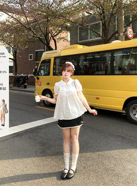 安妮不火 100%棉提花肌理娃娃领花边衬衫女微胖大码可爱风小衬衣