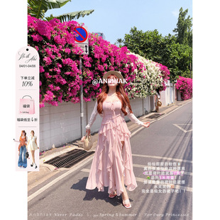 安妮不火 渡假风两件套 甜美荷叶边开叉吊带雪纺连衣裙女微胖大码