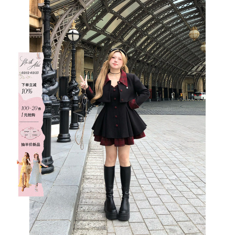 安妮不火 甜酷风呢子连衣裙套装女2025秋冬新款微胖大码两件套装