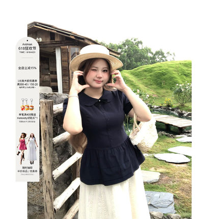 安妮不火 告白手信学院派冰感娃娃领衬衫女微胖大码收腰短袖上衣