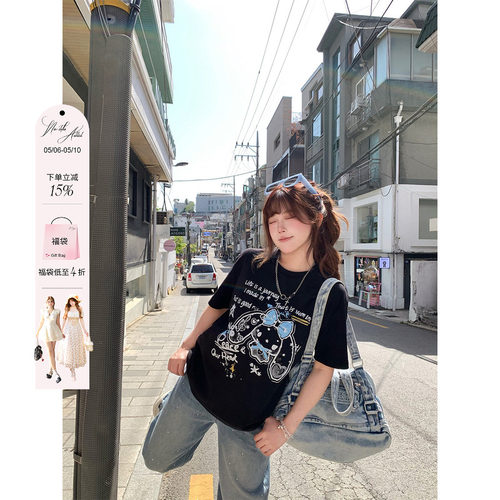 安妮不火 91.4%棉设计感涂鸦印花宽松T恤女微胖大码显瘦短袖上衣