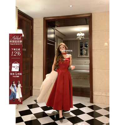 安妮不火 珠光缎面鱼骨腰镶钻领礼服裙女微胖大码收腰年会裙战袍