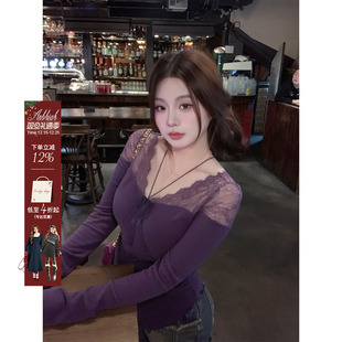 安妮不火 半透视小上衣 蕾丝拼接领高弹双面磨毛针织T恤女微胖大码