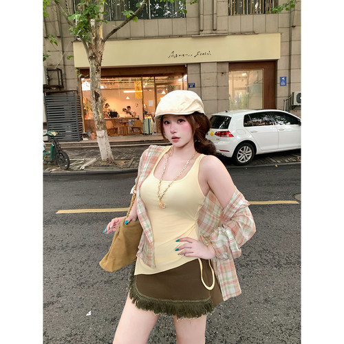 安妮不火 92莱赛尔抽绳缩褶收腰不规则背心女微胖大码基础款吊带