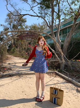 安妮不火 复古甜妹风碎花V领高腰雪纺裙女微胖大码荷叶边连衣裙子