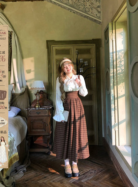 安妮不火 显白焦糖栗子色格纹拼接系带长裙女微胖大码学院连衣裙