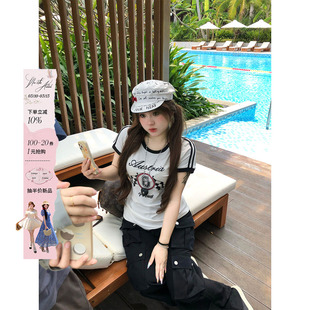 安妮不火 诺丁汉8号赛车元素印花圆领T恤女微胖大码美式短袖上衣