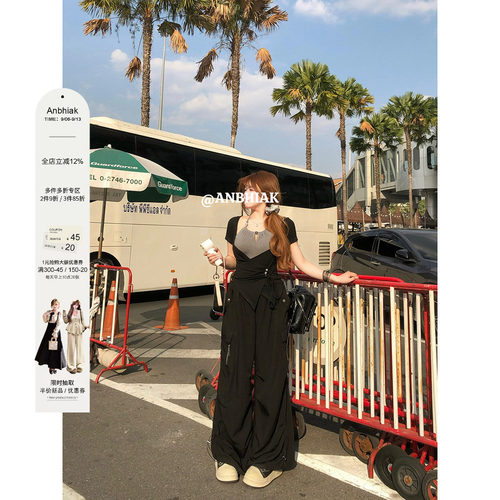 安妮不火  酷感不设限松弛感可调节伞兵裤女微胖大码宽松显瘦长裤
