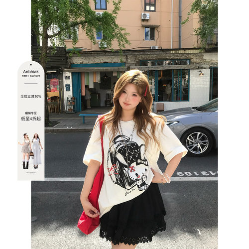 安妮不火 甜睫漫刊甜酷kitty印花针织T恤女微胖大码宽松短袖上衣