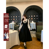 安妮不火 学院风缎面娃娃领呢料连衣裙女微胖大码 假两件收腰长裙