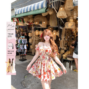 安妮不火 度假风高饱和印花泡泡袖连衣裙女微胖大码文艺收腰裙子
