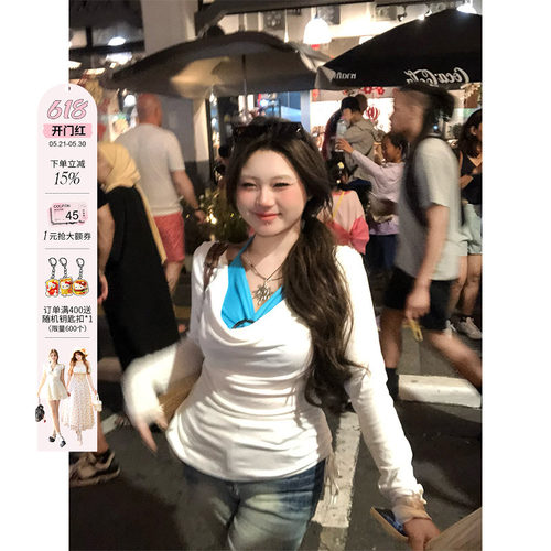 安妮不火 甜辣风撞色假两件上衣女2025春夏新款微胖大码纯欲长袖