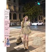 安妮不火秋叶风衣裙女秋冬微胖大码 设计感大翻领双排扣系带花苞裙