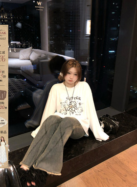 安妮不火 俏皮减龄手工狗狗印花宽松T恤女秋微胖大码美式显瘦上衣