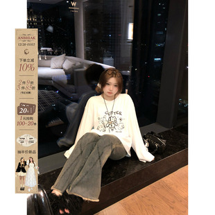 显瘦上衣 美式 安妮不火 俏皮减龄手工狗狗印花宽松T恤女秋微胖大码