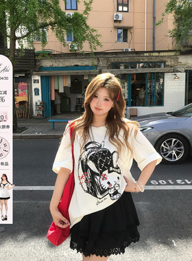 安妮不火 甜睫漫刊甜酷kitty印花针织T恤女微胖大码宽松短袖上衣