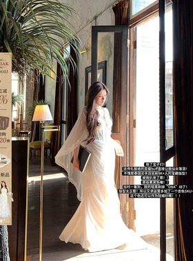 安妮不火银戒吻痕气质鱼骨雪纺女神拖尾裙女新款微胖大码半透视裙