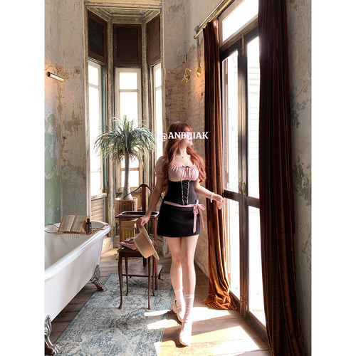 安妮不火 少女风撞色波点上衣&半裙套装女微胖大码收腰显瘦两件套