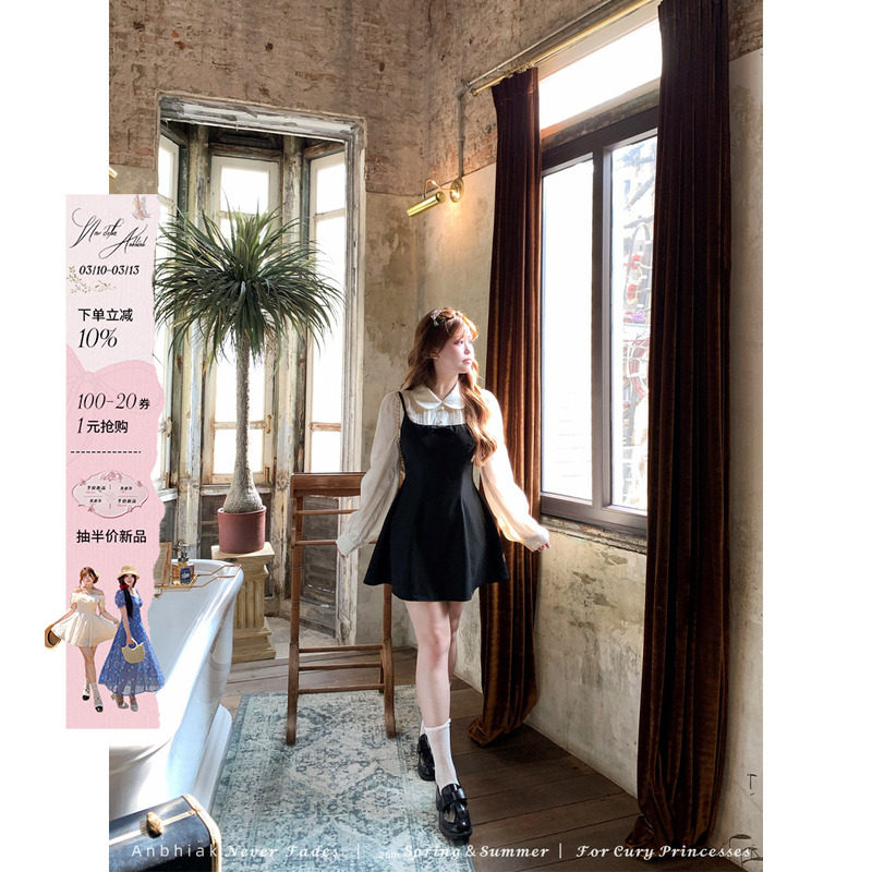 安妮不火 臻版4.0TR面料假两件宫廷小黑裙女微胖大码学院风收腰裙