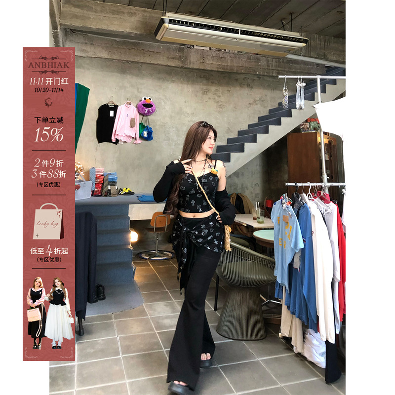 安妮不火黑猫烙腰线针织吊带微喇裤套装女夏季微胖大码显瘦三件套