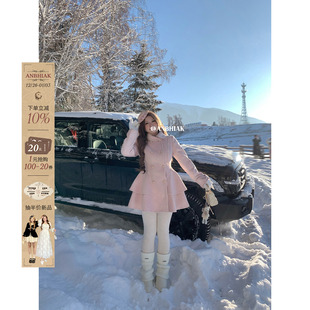 呢子风衣裙 微胖大码 安妮不火双排扣花边拼接蝴蝶结袖 连衣裙女新款