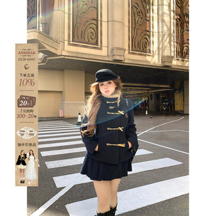 英伦风两件套 百褶裙套组女微胖大码 安妮不火 学院夹棉毛领呢外套