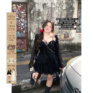 小黑裙套装 微胖大码 纯欲荷叶边雪纺短裙女2025春夏新款 安妮不火