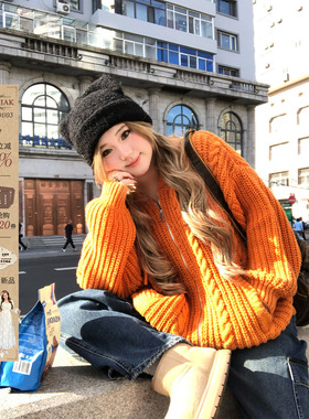 安妮不火 慵懒感绞花编织软糯连帽毛衣女冬微胖大码宽松毛织外套