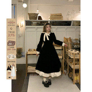 荷叶边微胖显瘦小黑裙 法式 安妮不火 撞色蝴蝶结连衣裙女2025秋季