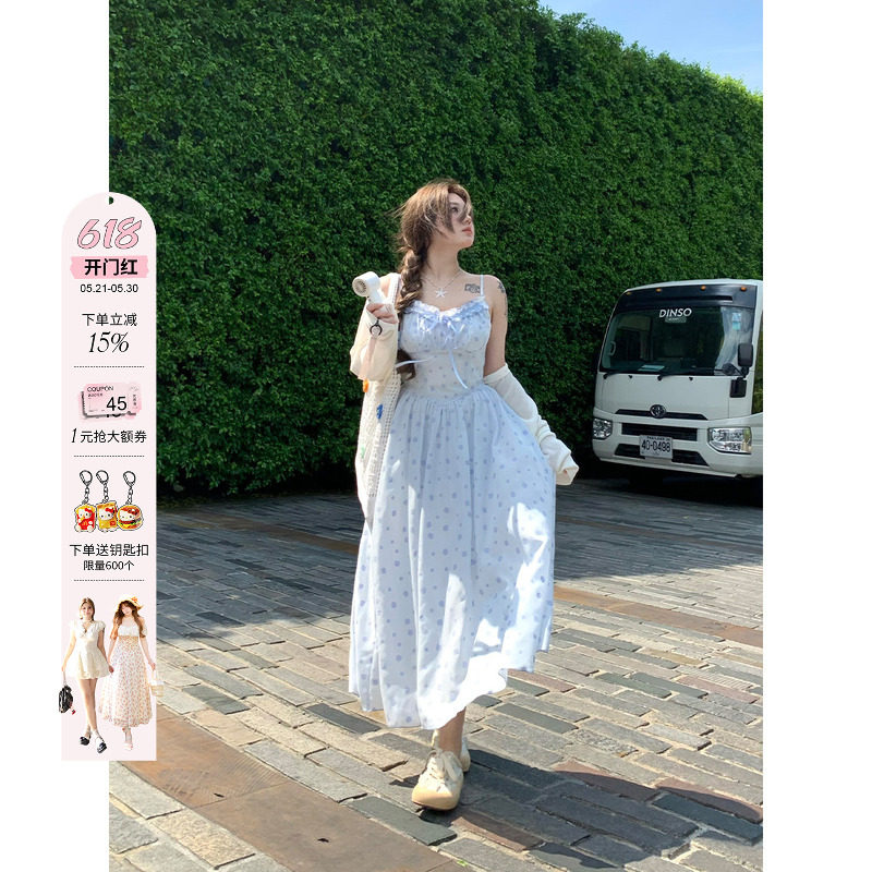 安妮不火 甜美海边度假风木耳边碎花吊带裙女微胖大码温柔连衣裙