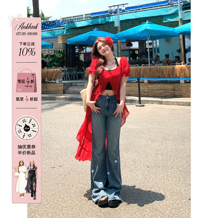 安妮不火度假风开叉红色连衣裙女2024夏季新款微胖大码不规则裙子