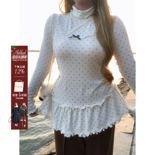 可爱长袖 女微胖大码 上衣 甜美系波点印花蕾丝花边针织衫 安妮不火