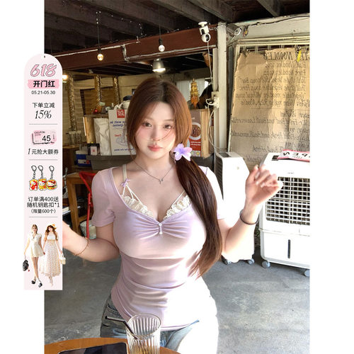 安妮不火 假两件花边拼接领莱赛尔高弹T恤女微胖大码纯欲收腰上衣