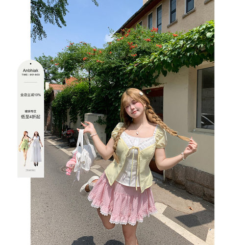 安妮不火 少女感假两件花边领绑带收腰衬衫女微胖大码甜美感上衣