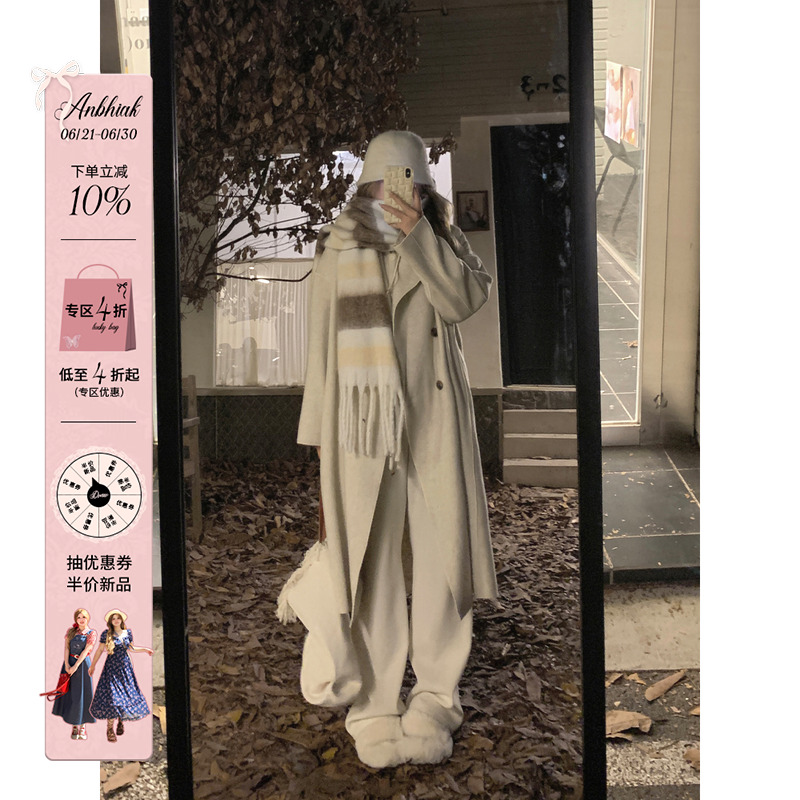 安妮不火 长款毛呢外套女显瘦2024秋冬新款微胖大码韩系呢子大衣