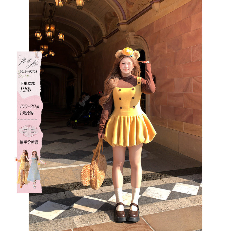 安妮不火 假两件高弹针织拼呢子花苞裙女微胖大码双排扣波点裙子