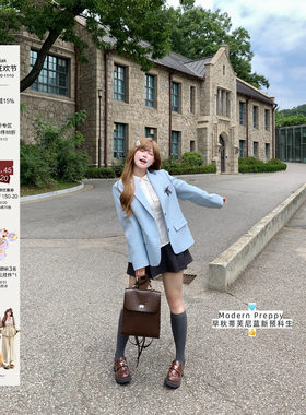 安妮不火 学院风西装外套+衬衫+半裙套装女微胖大码韩系通勤套组