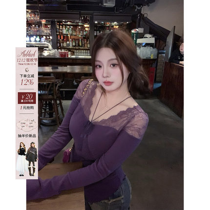 安妮不火 蕾丝拼接领高弹双面磨毛针织T恤女微胖大码半透视小上衣