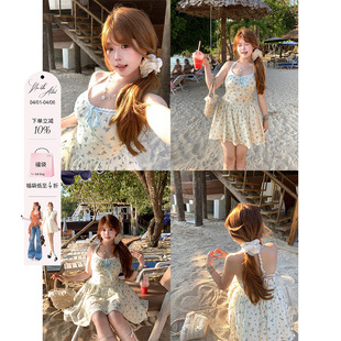 可爱收腰小裙子 安妮不火80莱赛尔天丝皱碎花串珠挂脖裙女微胖大码