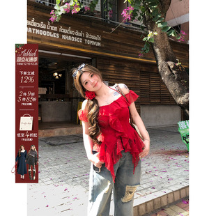 波点雪纺衫 微胖大码 新款 安妮不火一字领荷叶边雪纺上衣女2025夏季