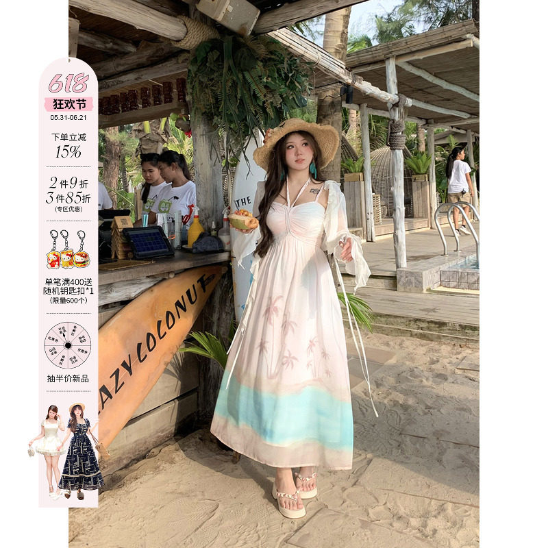 安妮不火 海岛印花雪纺连衣裙女2025春夏新款微胖大码渡假吊带裙