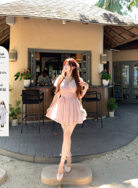 安妮不火 蕾丝拼接绑带收腰弹力网纱连衣裙女微胖大码显瘦气质裙