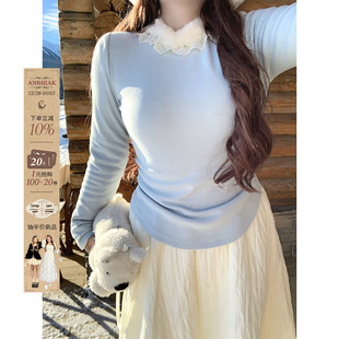 内搭打底衫 法式 女微胖大码 安妮不火毛毛花边拼接领缩褶磨毛针织衫