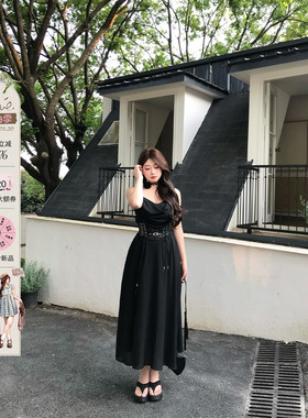 安妮不火 墨羽纤腰高级感收腰荡领吊带裙女微胖大码黑色吊带长裙
