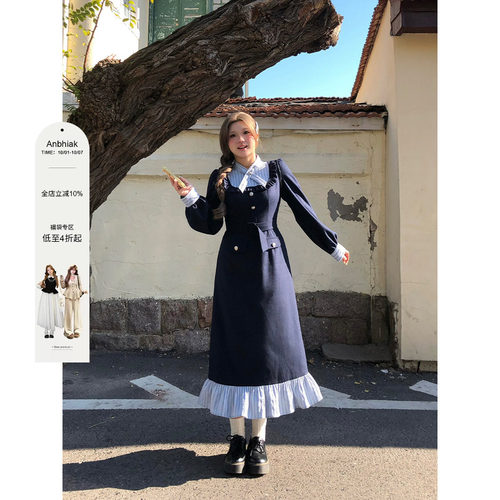 学院风A型条纹拼接连衣裙