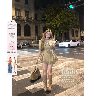 设计感大翻领双排扣系带花苞裙 安妮不火秋叶风衣裙女秋冬微胖大码