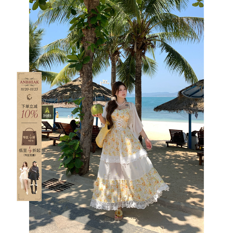 安妮不火盛夏野菊度假风碎花绑带吊带裙微胖大码裙子小雏菊连衣裙