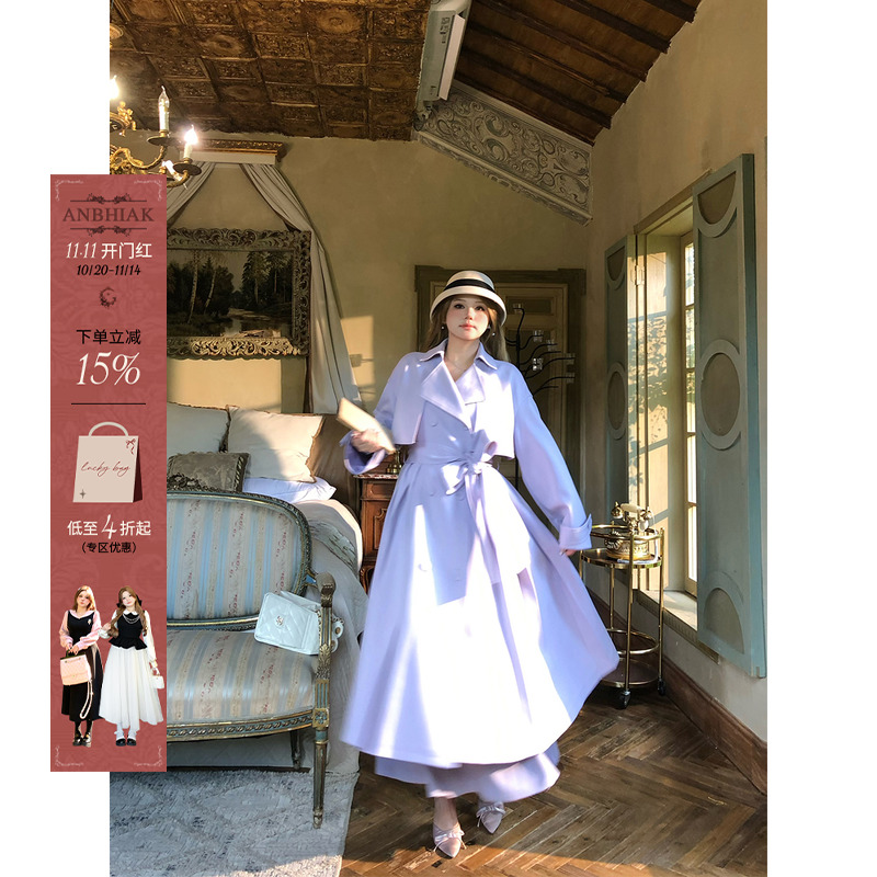 安妮不火 贵气千金bi备智性百褶风衣外套女秋微胖大码收腰风大衣