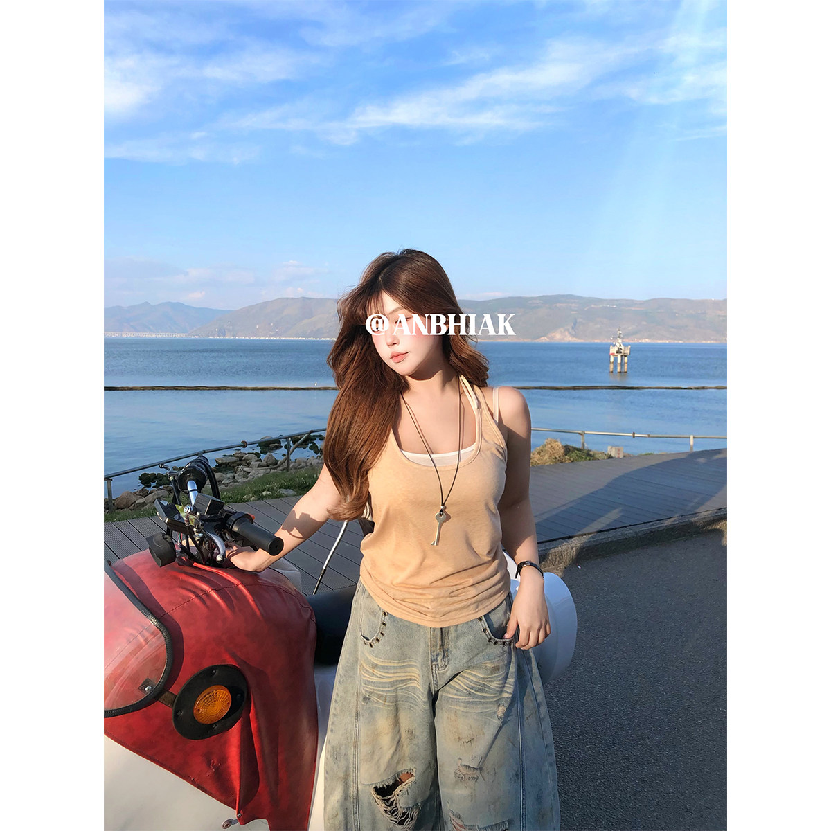 安妮不火 雪花针织背心&带胸垫挂脖吊带套组女微胖大码甜酷风上衣