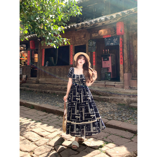 安妮不火 棉制格纹橡筋腰蕾丝花边连衣裙女微胖大码收腰显瘦裙子